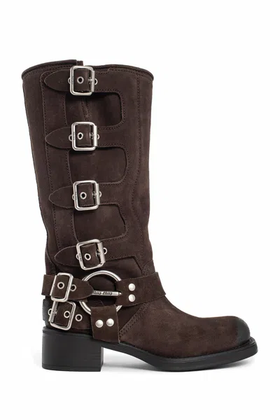 Miu Miu Buckle-detail Block-heel Boots In Brown
