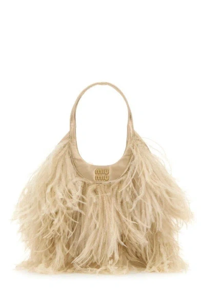 Miu Miu Embellished Satin Handbag In Sabbia