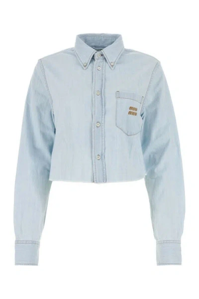 Miu Miu Woman Embroidered Poplin Shirt In Blue