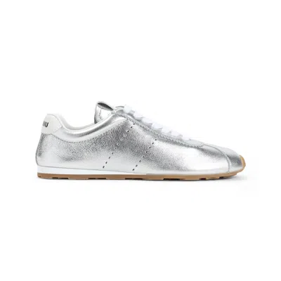 Miu Miu Metallic Leather Retro Runner Sneakers In Argento