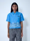 Miu Miu Womens Pervinca Boxy-fit Graphic-pattern Cotton-and-linen Shirt In Blue
