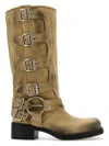 Miu Miu Suede Block Heel Mid-calf Boots With Buckle Straps In Brown