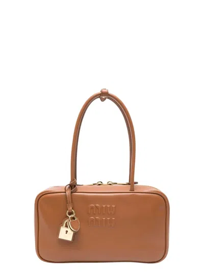 Miu Miu Women's Brown Bauletto Bag With Relief Logo Zip