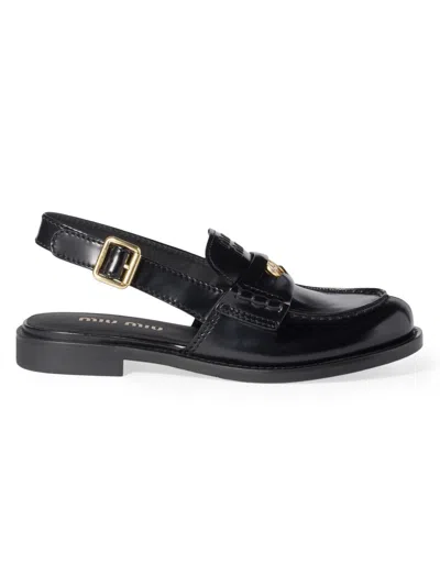 Miu Miu Spazzolato Leather Slingback Penny Loafers In Black
