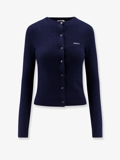 Miu Miu Women Cable-knit Cachemire Blend Cardigan In Blue