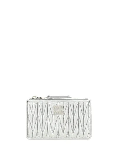 Miu Miu Logo-plaque Matelassé Wallet In Silver