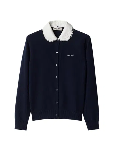 Miu Miu Women's Cashmere Cardigan With Embroidered Poplin Collar In Blue