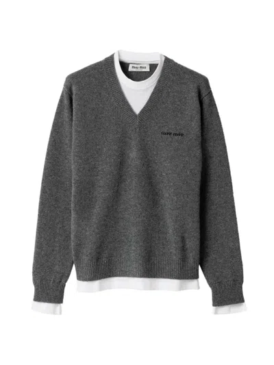 Miu Miu Women's Cashmere V-neck Sweater In Gray