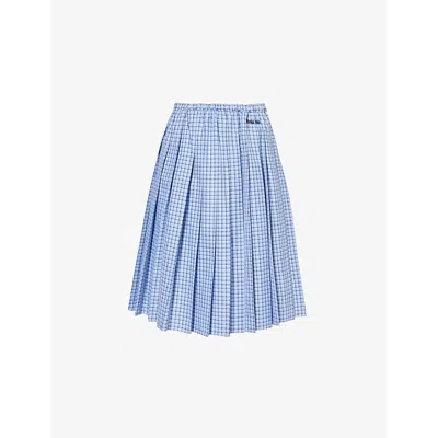 Miu Miu Pleated Check-print Cotton-poplin Midi Skirt In Celeste / Bleu