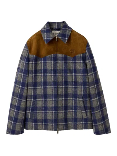 Miu Miu Wool Jacket Contrast Yoke Plaid Design In Blue