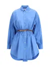 Miu Miu Waist Belted Gathered Detail Long Sleeves Dress In Blue