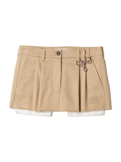 Miu Miu Chino Shorts Pleats Frayed Hem Belt Loops In Neutral