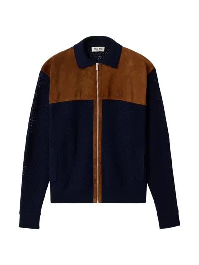 Miu Miu Cotton Crochet And Suede Cardigan In Multi