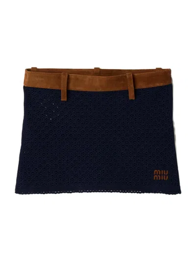 Miu Miu Women's Cotton Crochet And Suede Mini Skirt In Blue