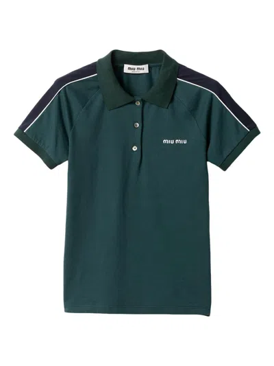 Miu Miu Two-tone Jersey Polo With Embroidered Logo In Green