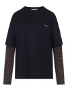Miu Miu Layered Top With Striped Sleeves And Classic Crew Neckline In Black