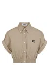 Miu Miu Cropped Green Shirt With Fitted Waist And Rolled Sleeves In Neutral