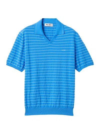 Miu Miu Cotton Polo Shirt Striped Pattern Ribbed Hem In Blue