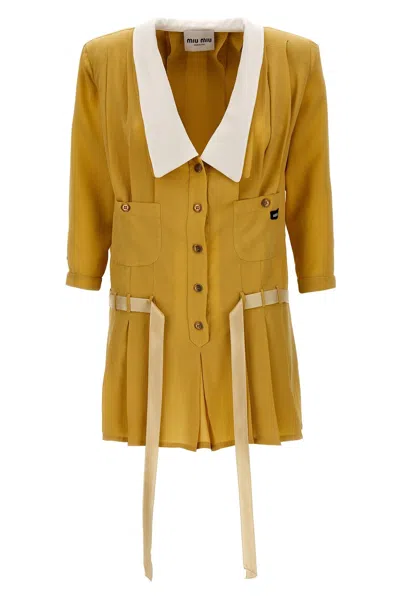 Miu Miu Mini Dress With Pleats And Pockets In Yellow