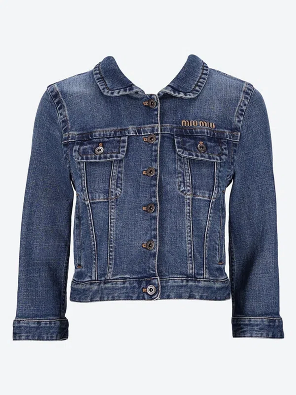 【試着のみ】MY_ cropped denim jacket Miu Miu Women Cropped Stretch Denim Jacket In Blue | ModeSens