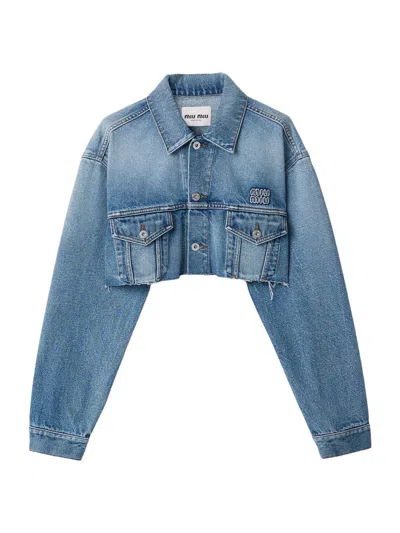 Miu Miu Logo-embroidered Cropped Denim Jacket In Blue