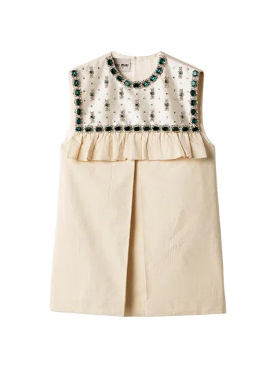 Miu Miu Women's Embroidered Canvas Mini-dress In Beige Khaki