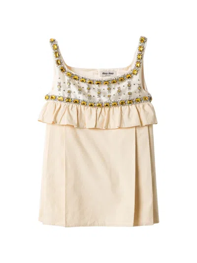 Miu Miu Embroidered Canvas Mini-dress In Yellow