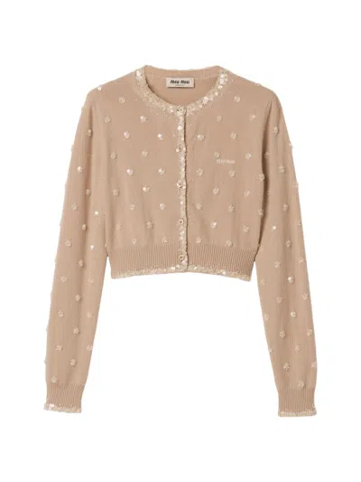 Miu Miu Cropped Cashmere Cardigan Embroidered Long Sleeves In Brown