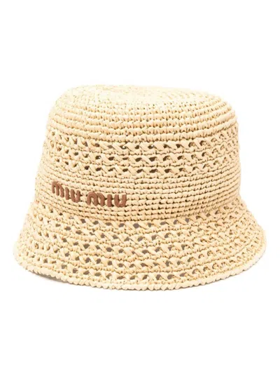 Miu Miu Embroidered-logo Raffia Bucket Hat In Nude & Neutrals
