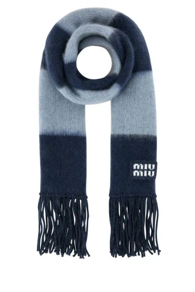 Miu Miu Mohair Blend Scarf With Embroidered Stripes And Fringe In Blue