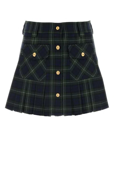 Miu Miu Green Pleated Tartan Miniskirt In Multi