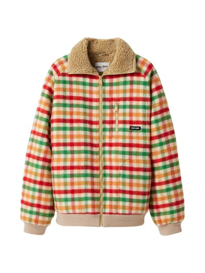 MIU MIU WOMEN'S FLEECE-LINED CHECKED BLOUSON JACKET