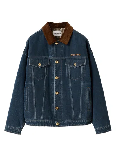 Miu Miu Women's Flocked Denim And Velvet Blouson Jacket In Blue