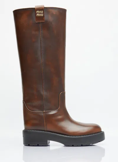 Miu Miu Leather Block Heel High Shaft Boots In Brown