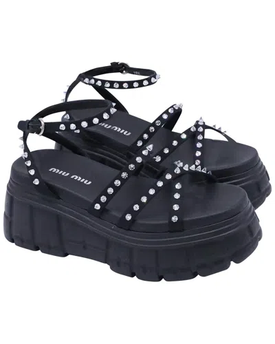 Miu Miu Women's Gabardine Canvas Embellished Platform Sandal (authentic Pre-  Loved) In Blue