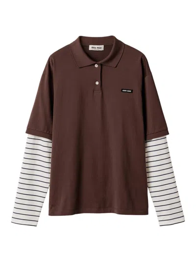 Miu Miu Layered Cotton Polo Striped Sleeves In Brown
