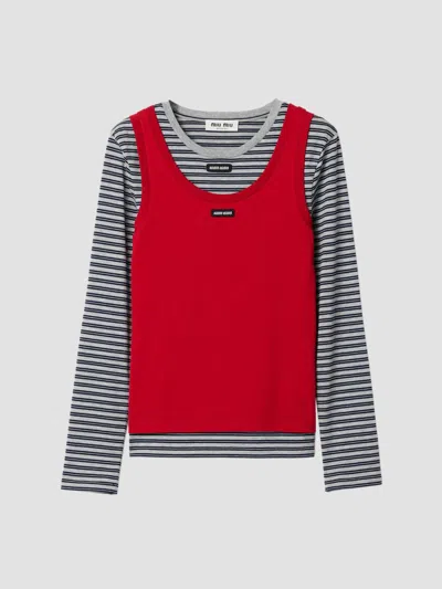 Miu Miu Layered Striped Cotton Jersey T-shirt In Gray