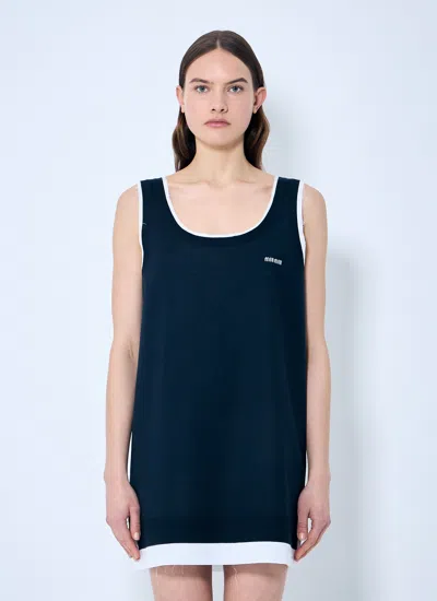 Miu Miu Women Knit And Poplin Mini Dress In Blue