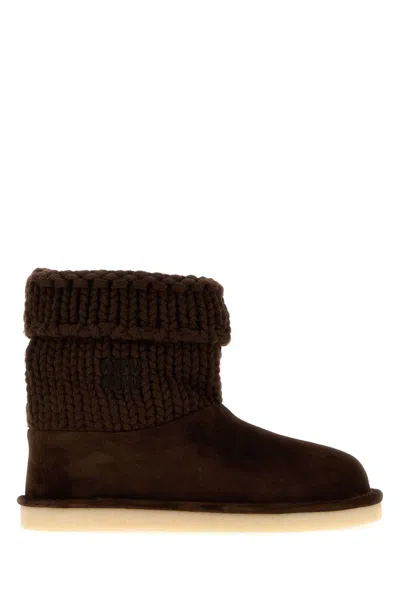 Miu Miu Women's Knit And Suede Ankle Boots With Rubber Sole In Brown