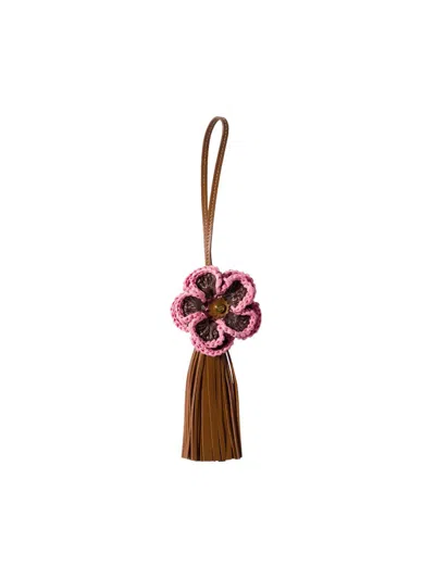 Miu Miu Women's Leather And Raffia Effect Yarn Trick Charm In Brown