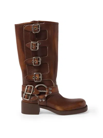 Miu Miu Stivali Buckle-detailed Leather Knee Boots In Brown