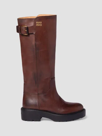 Miu Miu Logo Leather Boots In Multi