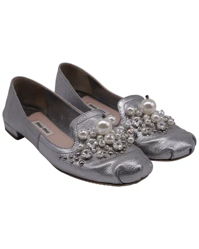 Miu Miu Women's Leather Embellished Loafer (authentic Pre-loved) In Silver