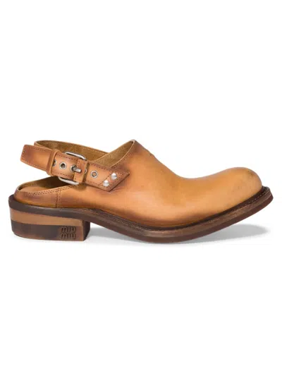 Miu Miu Leather Loafers Open Back Round Toe Slingback In Brown