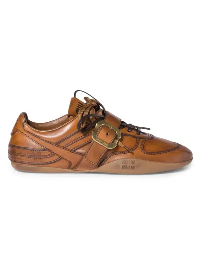 Miu Miu Cognac-colored Leather Sneakers With Buckle In Multi