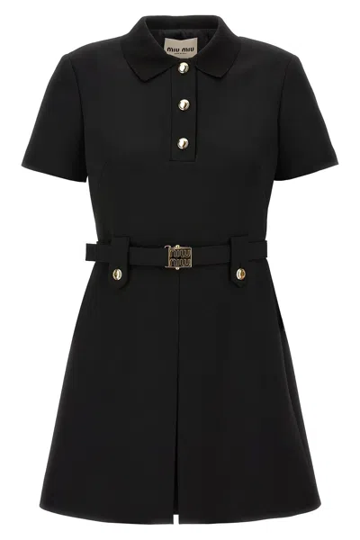 Miu Miu Women Logo Belt Wool Dress In Black