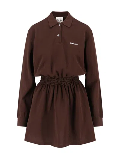 Miu Miu Women Logo Mini Dress In Brown