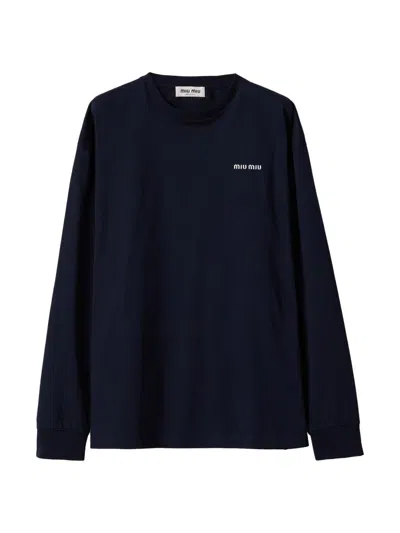 Miu Miu Women's Long Sleeved Jersey Sweatshirt In Blue