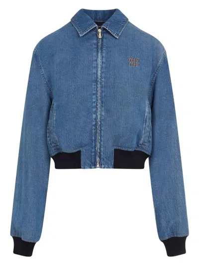 ジャケット MIU MIU LYOCELL JACKET Miu Miu Logo-embroidered Zip-up Denim Jacket In Blue | ModeSens