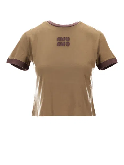 Miu Miu Military Green Crew Neck Logo T-shirt In Brown